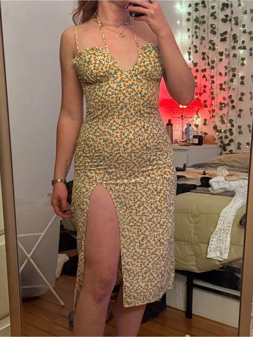 Floral Yellow Spaghetti-Strap Midi Dress with Front Slit - Picture 2 of 3